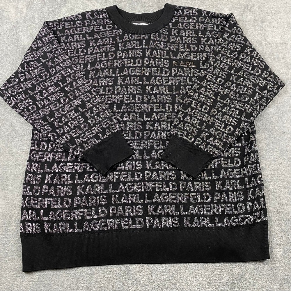 Karl Lagerfeld Women 2X Sweater Black Silver Metallic Logo Rhinestone